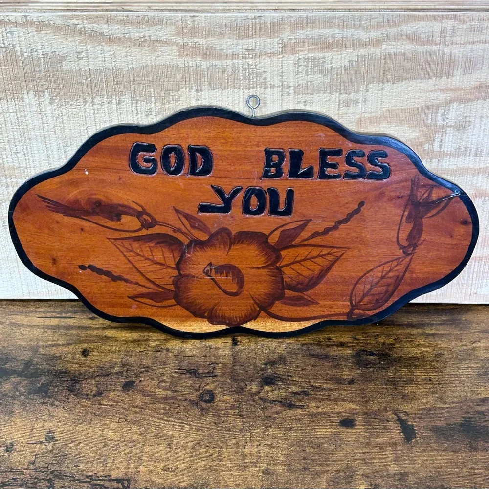 Vintage one of a kind handmade Rustic Wall Plaque - God Bless You folk art sign